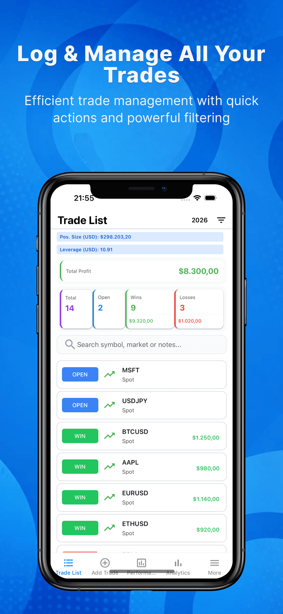 Trade list with total profit, wins and losses, and search across symbols, markets, and notes