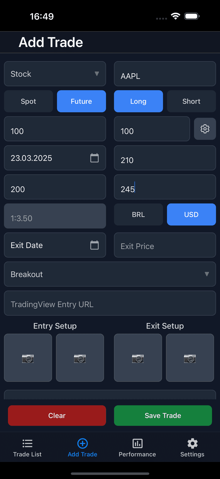 Trading journal trade detail screen
